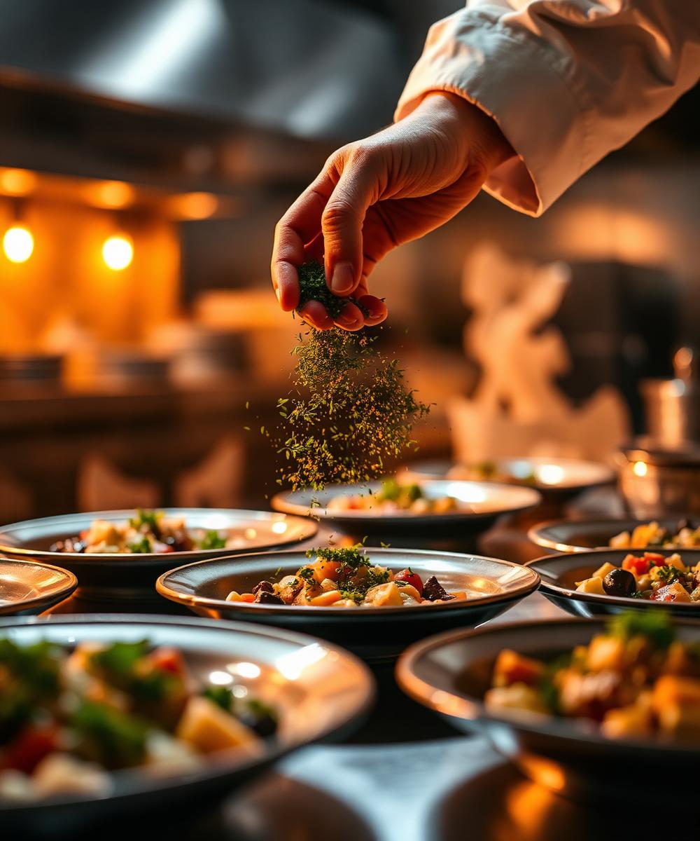 Chef plating dishes in the kitchen