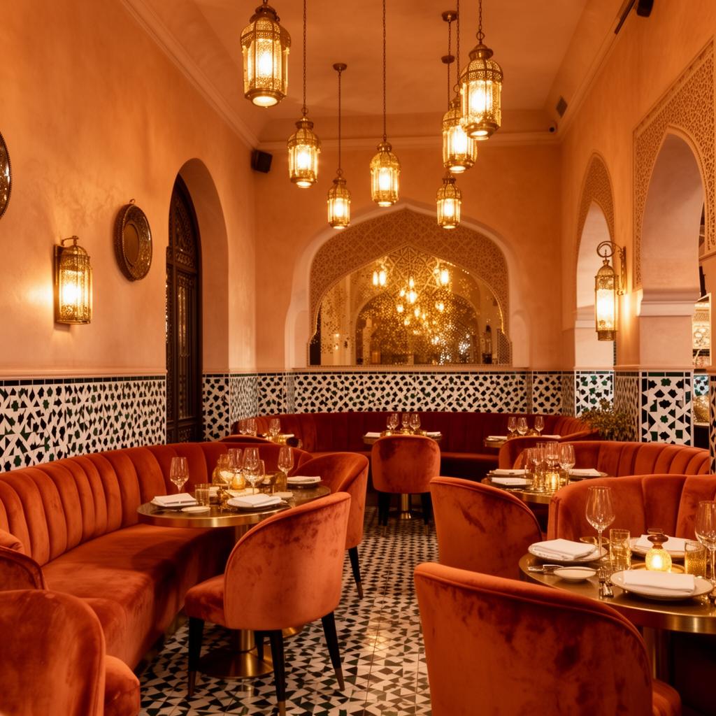 Warm restaurant interior with Arabic lanterns and tile floors